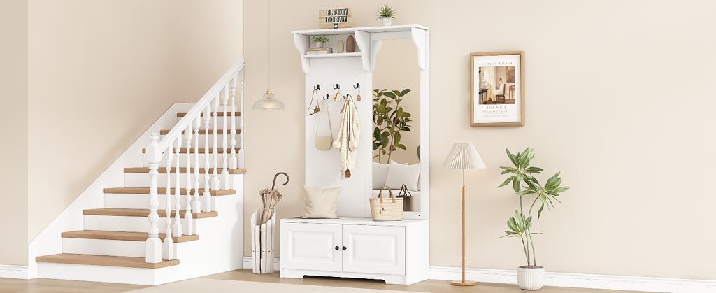 100*40*180cm Hallway Wardrobe with Mirror, 5 Coat Hooks, 2 Cabinets and Shelf, Hallway Coat Stand Clothes Rack with Shoe Cabinet, White