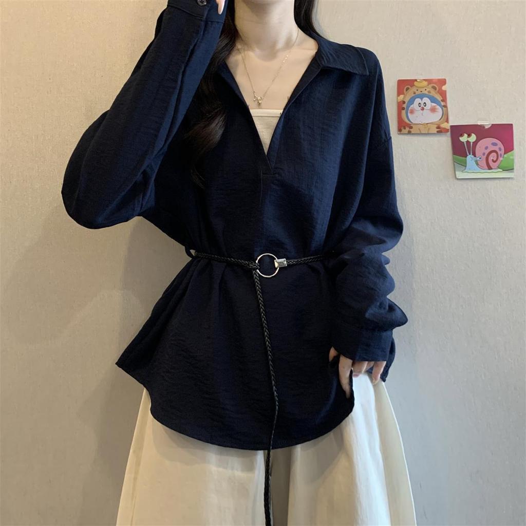 Korean-style V-neck Long-sleeve Shirt for Women, 2026 Spring and Autumn New Model, Versatile for Commuting, Faux Two-piece Top