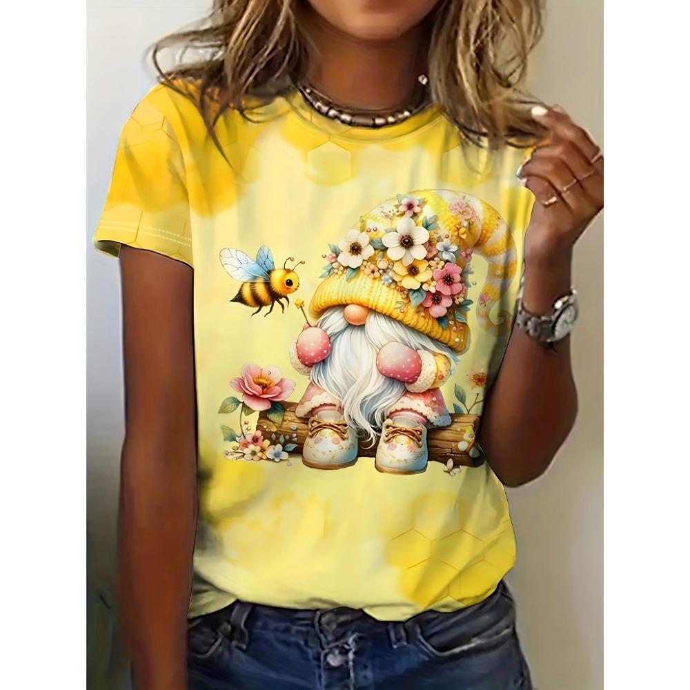 

Bee Genie Gnomes Printed Women s T-shirt Comfortable Round Neck Short Sleeve Summer Style Casual Women s Wear M