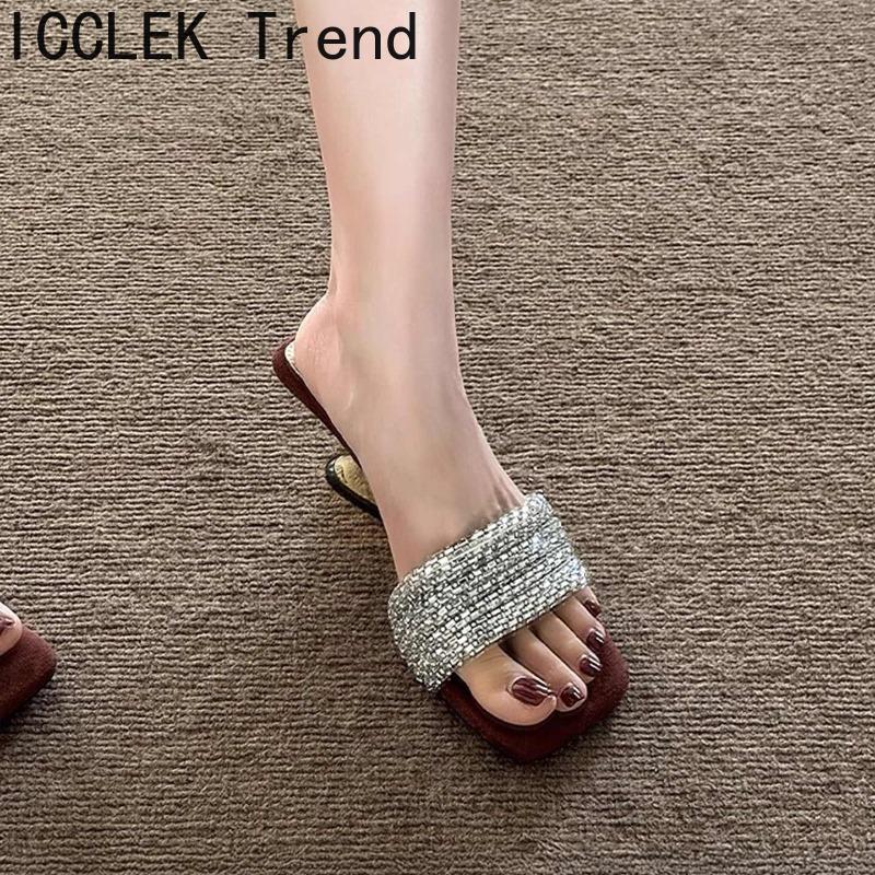 Designer Summer Strange Style Women Slippers Fashion Crystal Square Toe Slide Ladies Party Dress Sandalias
