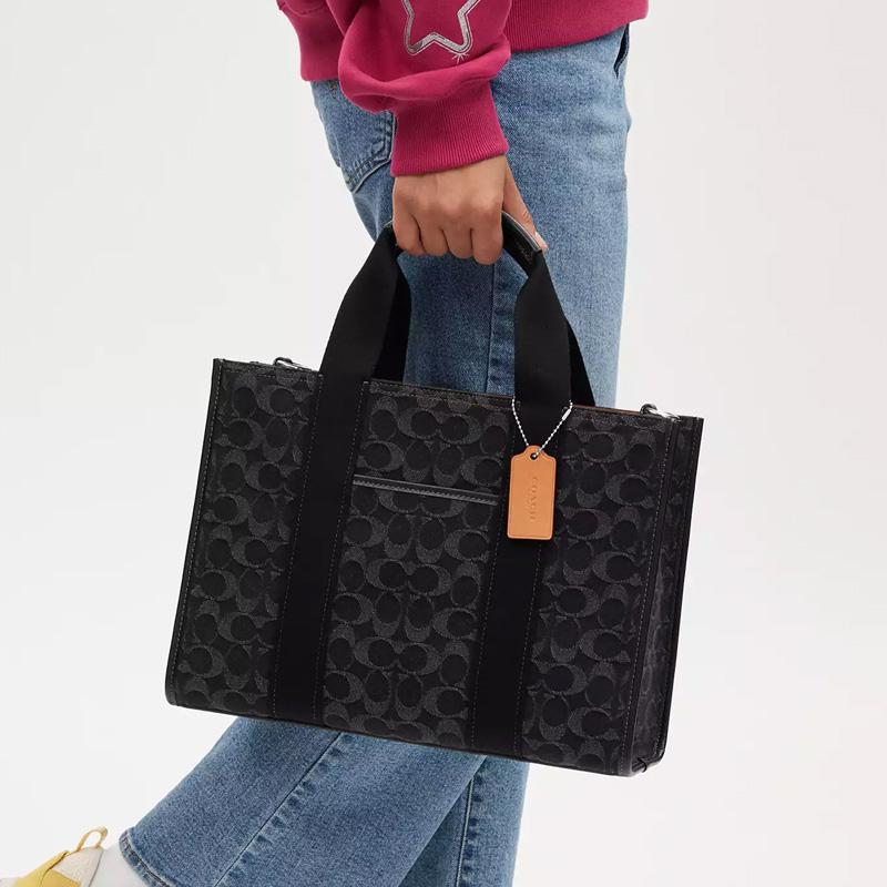 Coach Smith 34 Monogram Canvas And Smooth Leather Tote Bag Unisex Tote Bags Silver Black CP105-SVBK