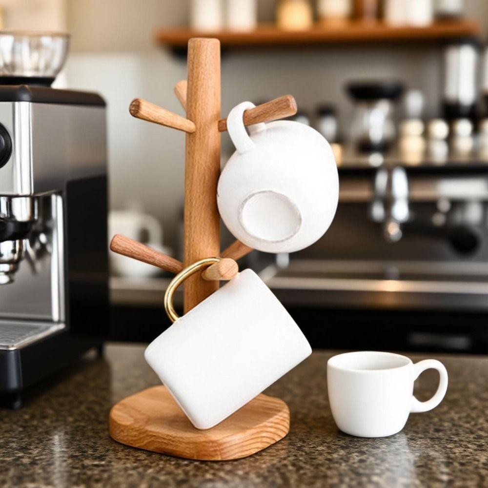 Wooden Mug Hanging Display Rack 6 Hooks Tea Cups Drainer Tabletop Drinkware Shelf  Home Decor