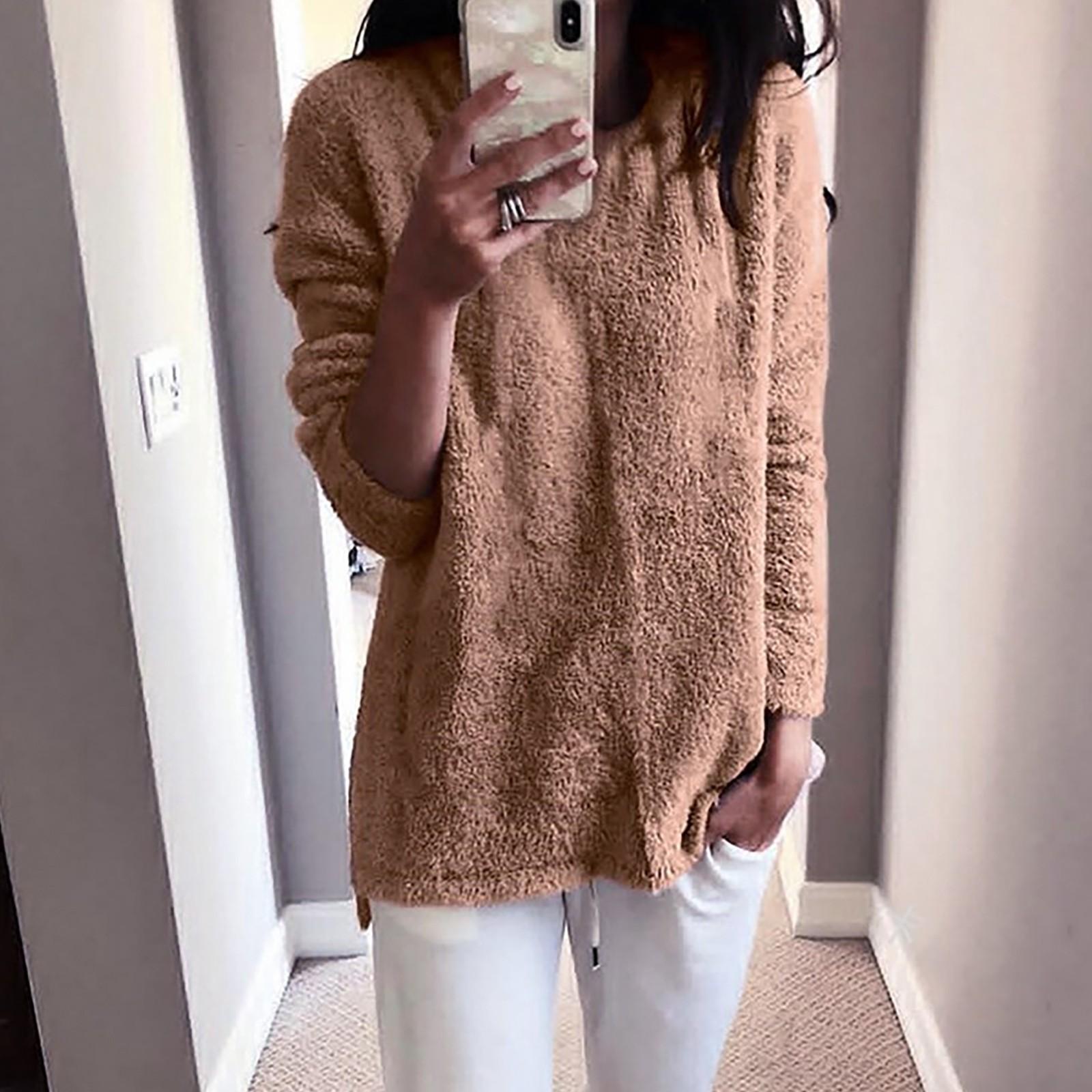 Women s Classic  Winter Fashion Round Neck Plush Warm Pullover Top L коричневый