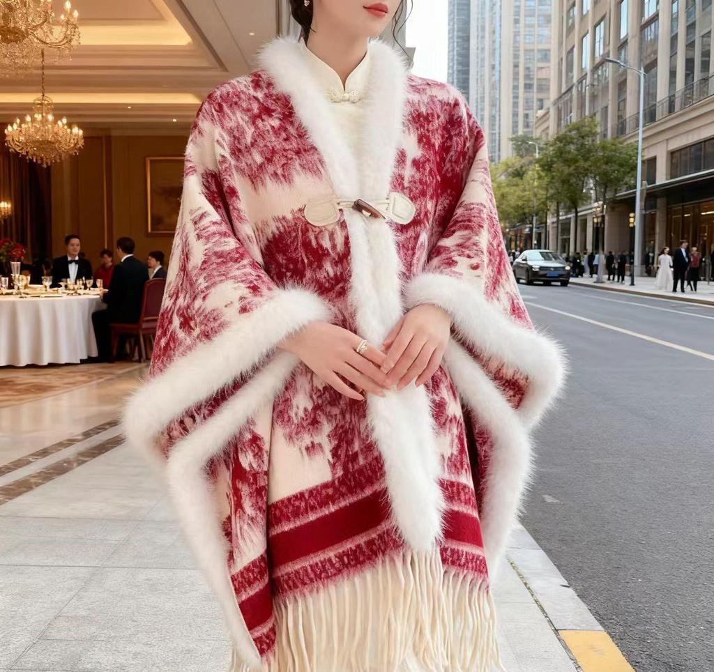 Elegant Women's Floral Ink Wash Shawl - Soft Cashmere Feel, Tassel Detail Cape