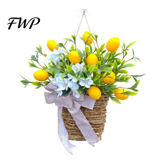 Fresh Spring Wreath Yellow Lemon Door Hanger Basket for Front Artificial Fruits Floral Summer with Woven Farmhouse Porch Wall Decor 1pc