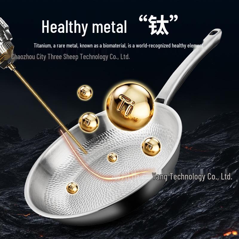 Titanium Dragon Scale Hammer Pattern Flat Bottom Wok with Square Handle, No Coating, Less Oil Smoke, Stainless Steel Steak Frying Pan.