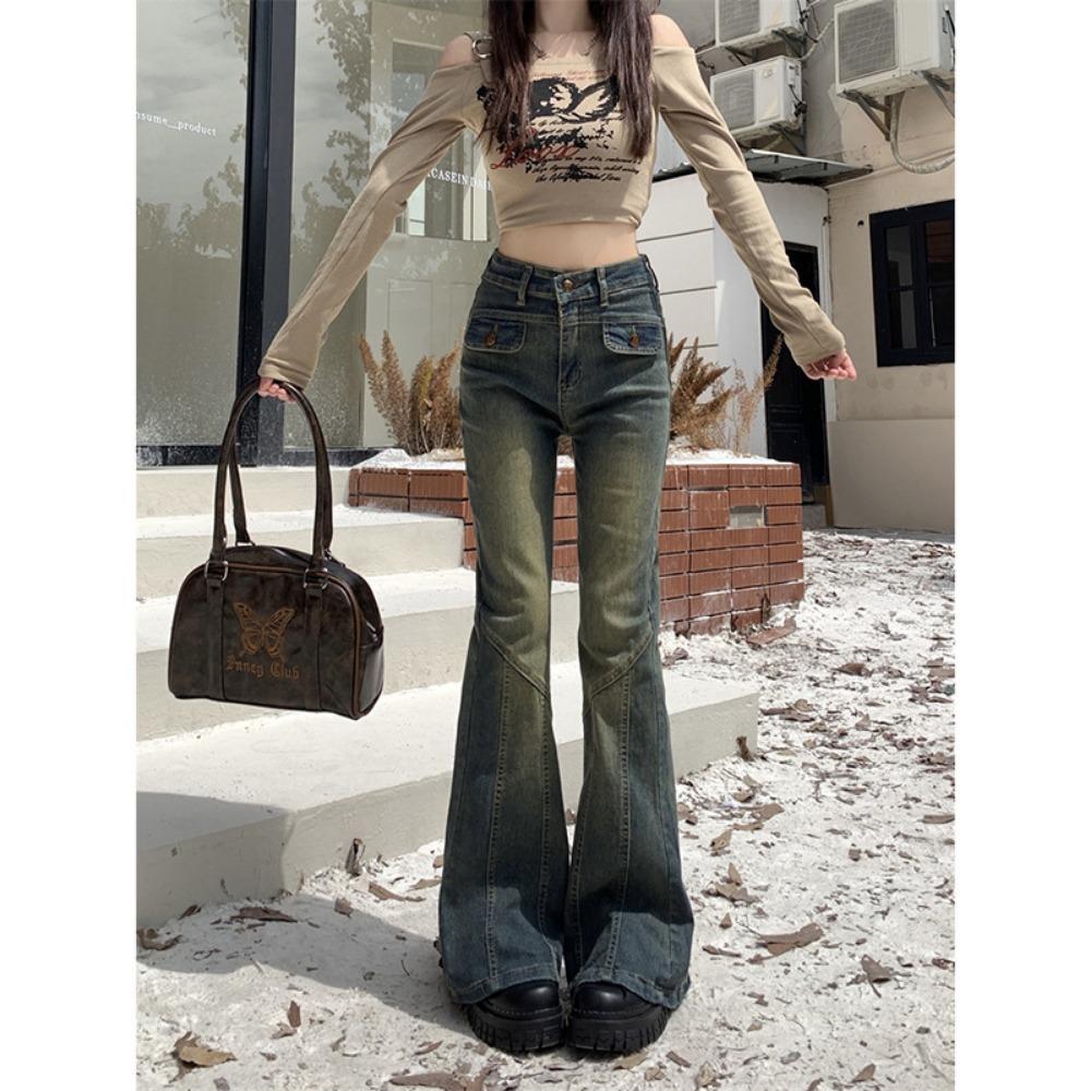 Spice girl American retro niche jeans women's autumn slim slim slim slim pants high waist wide leg pants ins