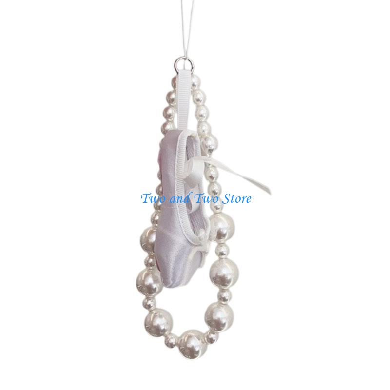 HX6F Pearl Beaded Lanyard Car Keys Chains Ballet Shoes Keychain Pendant Hanging Decor