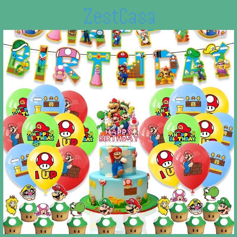 Mario Theme Party Decorations Set Flags, Cake Toppers, Balloons, And Spirals For An Amazing Party Atmosphere!