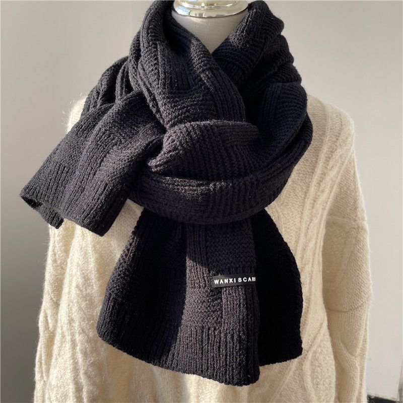 Striped Versatile Solid Color Wool Scarf Women's Japanese-Style Autumn & Winter Thickened Warm Knitted Long Neck Warmer