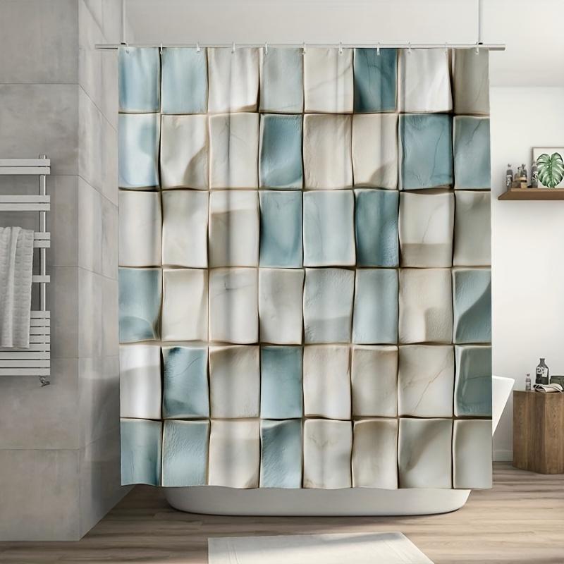

1pc Ice Blue & White Motion Blur Tile Design Shower Curtain - Summer Decor Bathroom Accessories with 12 Plastic Hooks, 90x180cm