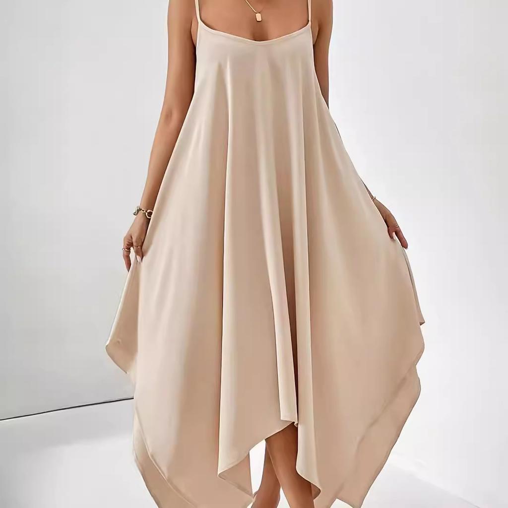 Women's Solid Color Spaghetti Strap Irregular Hem Maxi Dress Loose Sleeveless Casual Long Sundress