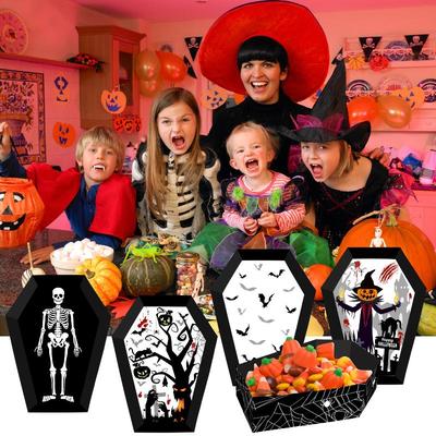 12Pcs Halloween Paper Food Serving Trays Black Horror Coffin Snack Cookie Gift Box Trick Or Treat Halloween Party Decor Supplies