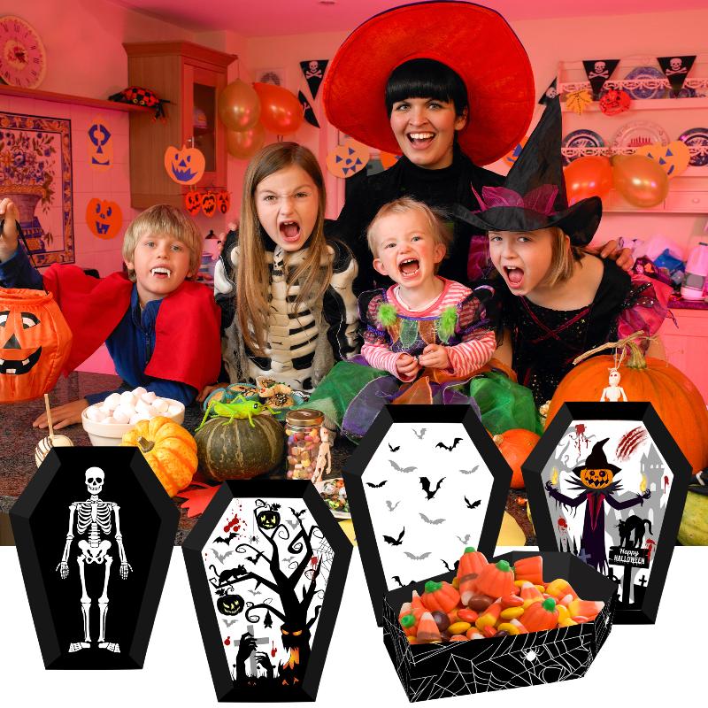 12Pcs Halloween Paper Food Serving Trays Black Horror Coffin Snack Cookie Gift Box Trick Or Treat Halloween Party Decor Supplies