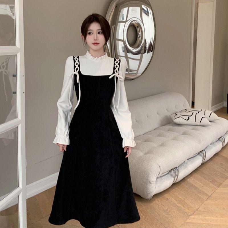 Vintage-Inspired Green A-Line Midi Dress With Faux Two-Piece Design Relaxed Fit Round Neck Long Sleeve 2026 Small