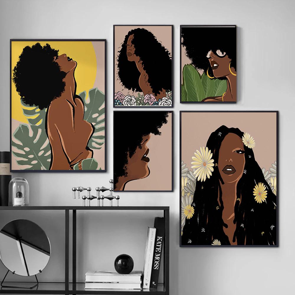 African Art Black Woman Painting Canvas Black Girl With Tropical Monstera Leaves Posters and Prints Boho Wall Art Pictures