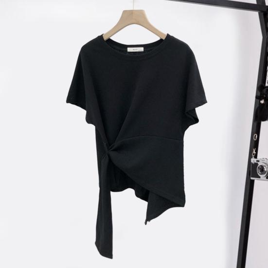 T-shirt à manches courtes et col rond pour femme, ourlet irrégulier, élastique, fin, couleur unie, pull ample, streetwear, été