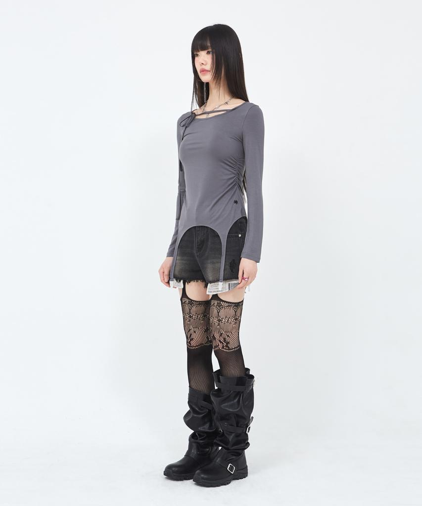 Sekeondeusolteu Layered Damaged Washed Denim Shorts (Raw Black)