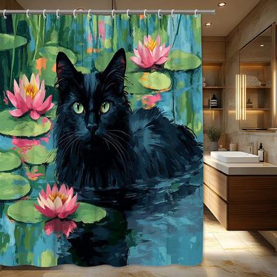 1pc Black Cat In for Lotus Pond with Pink Flowers Shower Curtain - Glossy Fur, Green Eyes, Vibrant Pond Reflections, Polyester