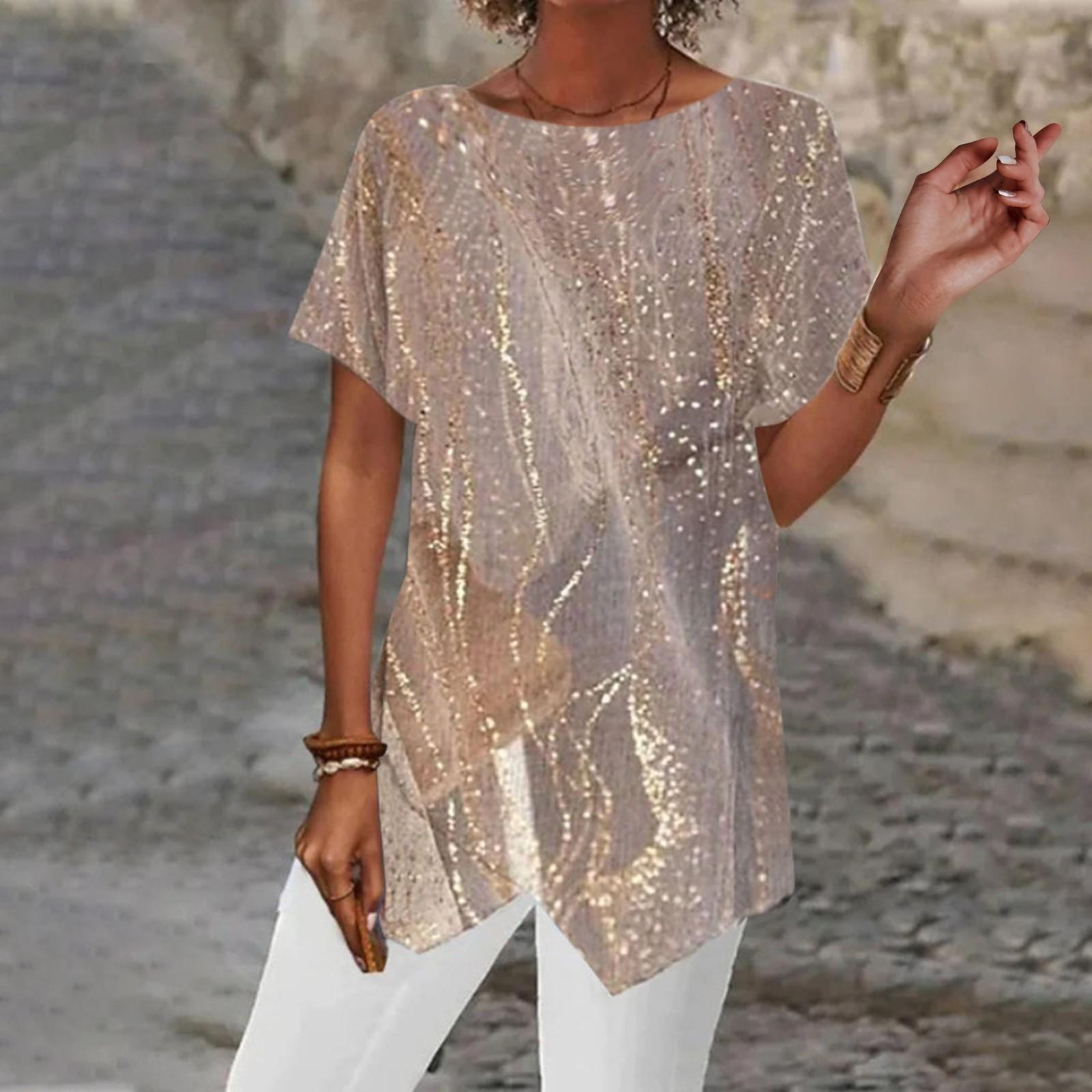 

(Куниде) Модная женская летняя свободная футболка с геометрическим принтом и коротким рукавом с нерегулярным подолом L хаки