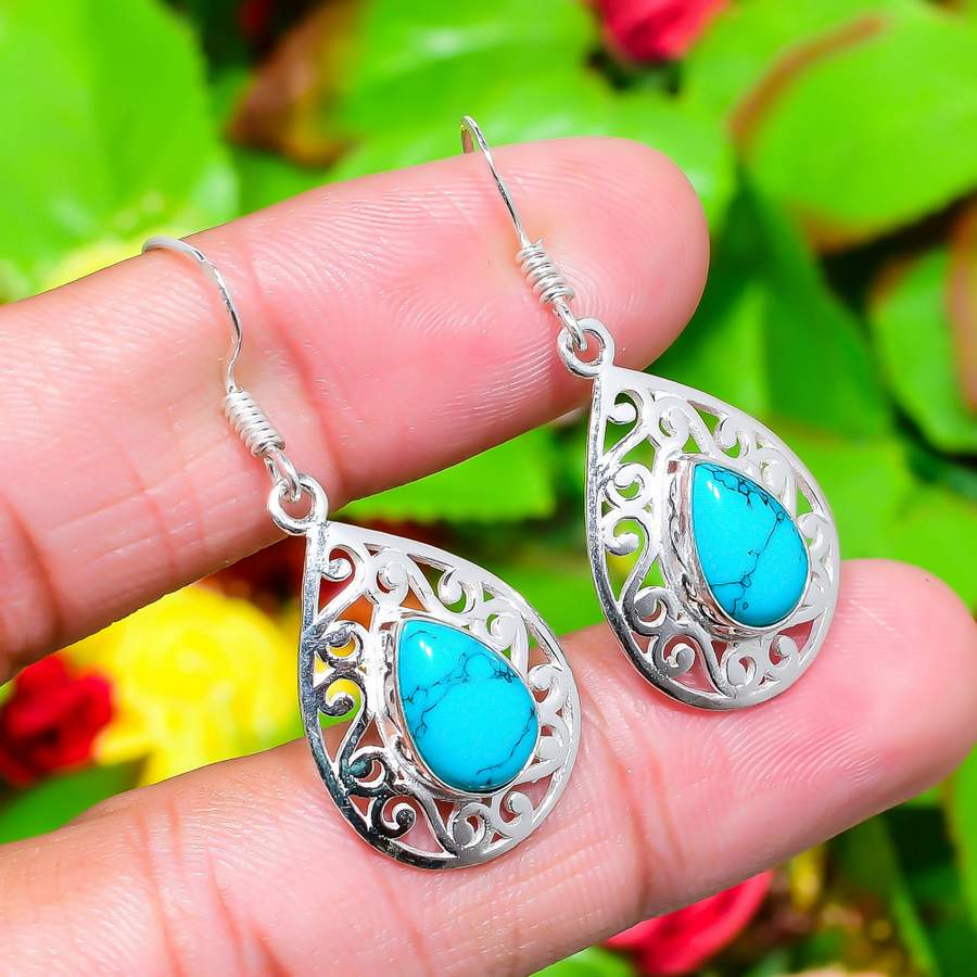 Natural Santa Rosa Turquoise Gemstone 925 Sterling Silver Earring 1.65" A7m24