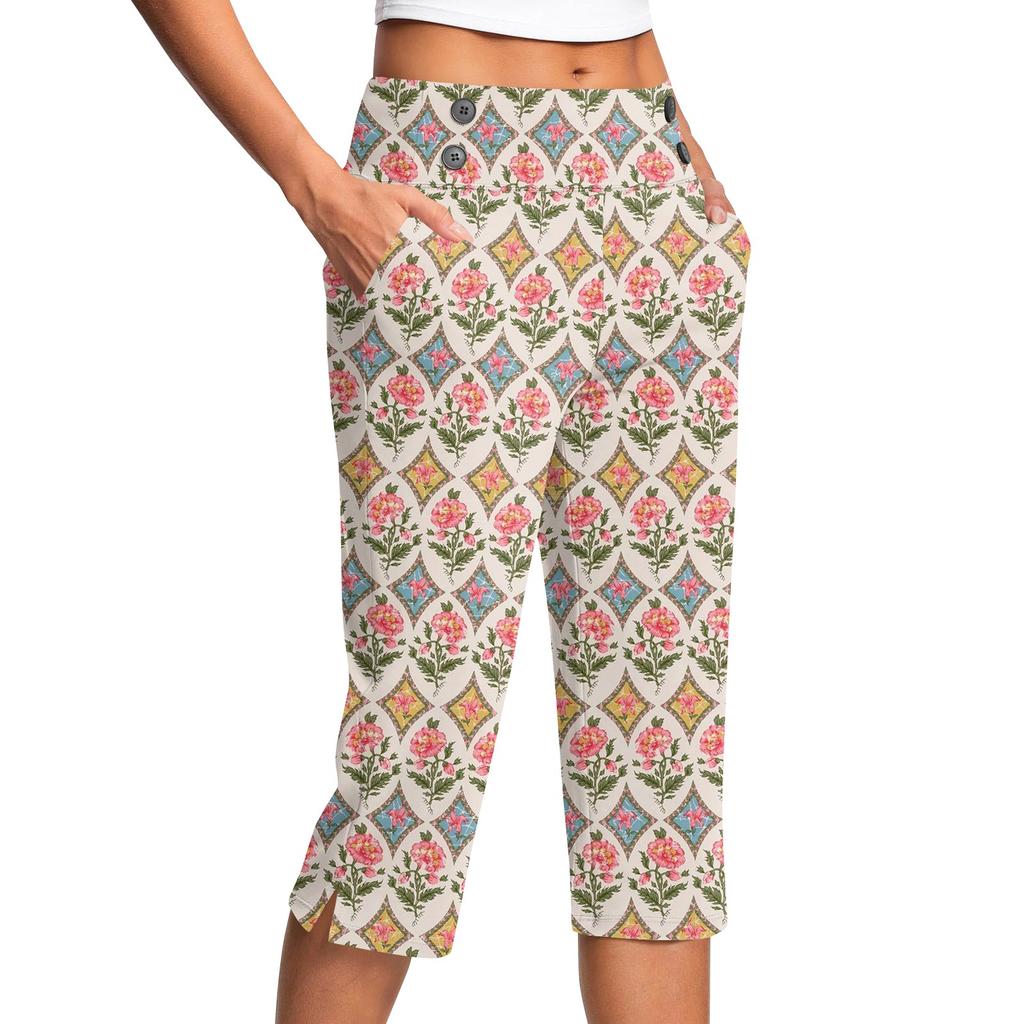 Women's Vintage Floral Print Button Pocket Trousers Slit High Waist Sports Yoga Casual Pants