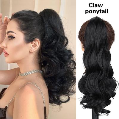 Synthetic 45cm Claw Ponytail Extension Long Wavy Ponytail Clip In Hair Extension Dark Hairpiece for Women