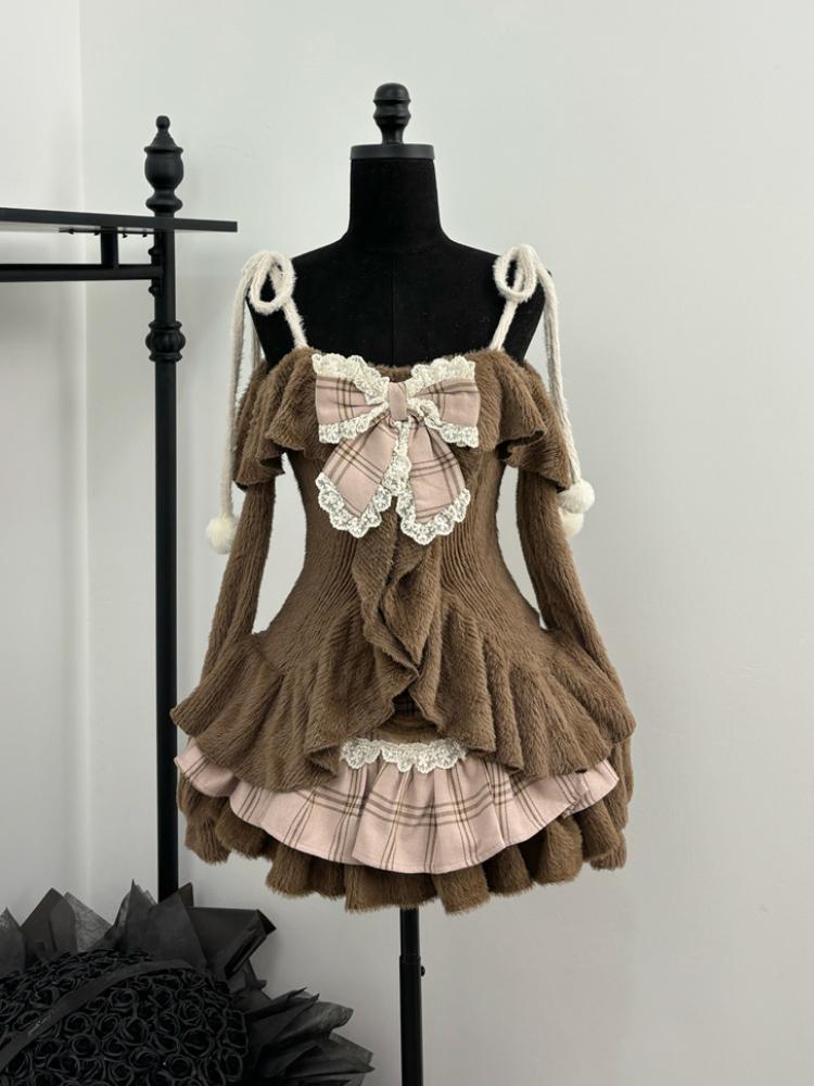 

Осенне-зимний модный комплект из 3 предметов с бантом для женщин в стиле ретро, милая рубашка с длинными рукавами, тонкая бретелька + шикарный кружевной костюм с короткой юбкой на высокой талии, новый S коричневый