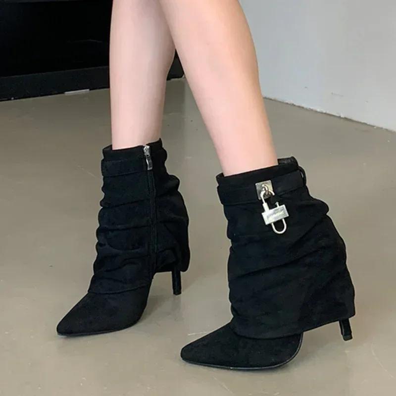Fashion Luxury Pointed Toe Metal Lock Decoration Women's Boots  Fashion Pleated Patent Leather High Heels Zip Chelsea Boots for Women