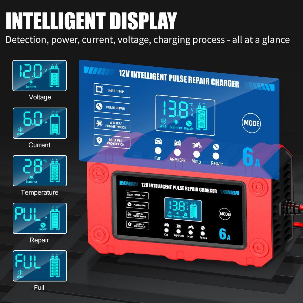 Smart 12V 6A Car & Motorcycle Charger, Repair & Low Voltage Start Function