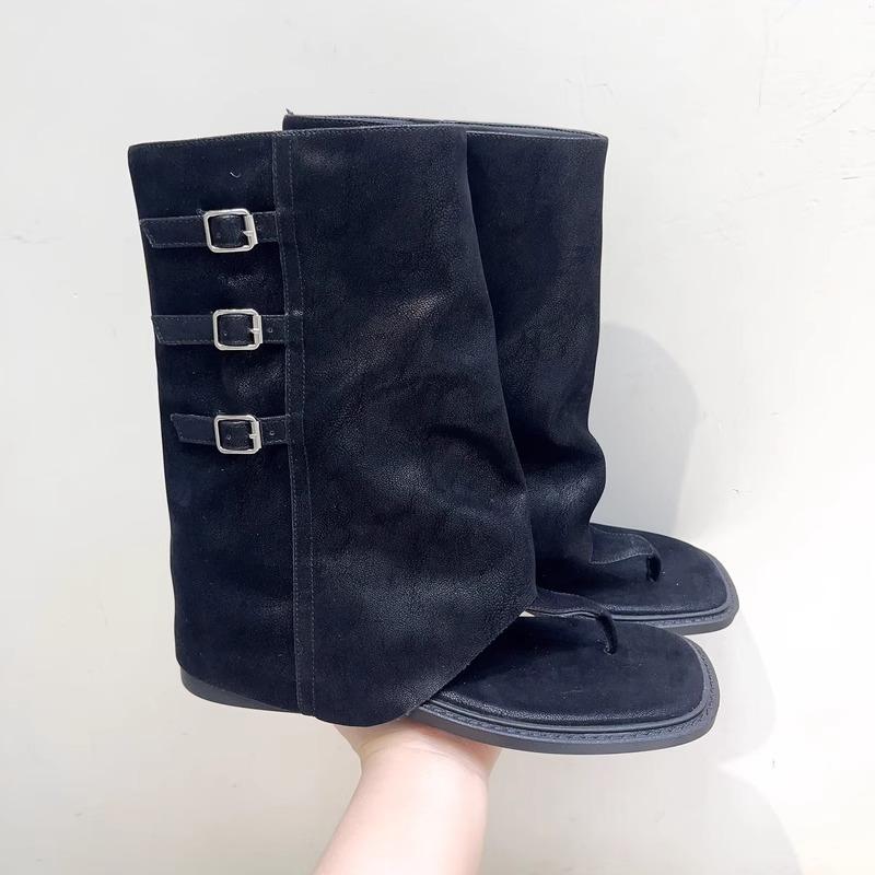 Summer new retro style belt buckle flat bottom toe open toe pants short boots women's medium tube herringbone cool boots