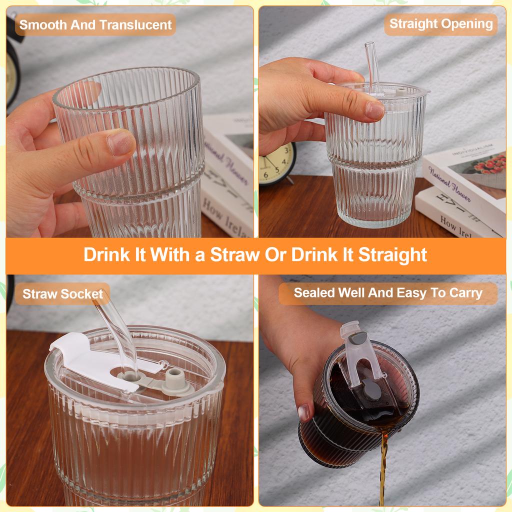4 Pcs 16 Oz Iced Coffee Cups Ripple Glass Drinking Tea Juice Cup With Lids Straws Ribbed Clear Glasses Cups Reusable Water Glass