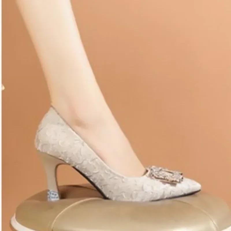 2024 New Spring and Autumn Casual Fashion Pearl Wedding Shoes Stiletto Square Rhinestone Sexy and Comfortable High Heels