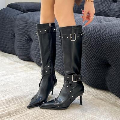 Schwarze Nietenspitz-High-Heel-Stiefel Kinder neue Weichlederstiefel 2024