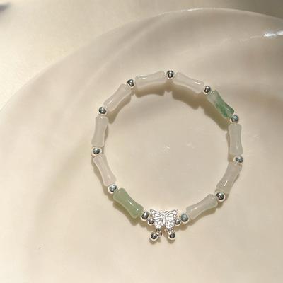 S925 Sterling Silver Bamboo Butterfly Bracelet Women's Simple Handmade Elastic String Design Beaded Bracelet