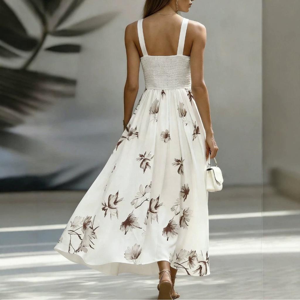 New European and American commuter vacation style v-neck floral dress, waist pendulum medium and long elegant style dress