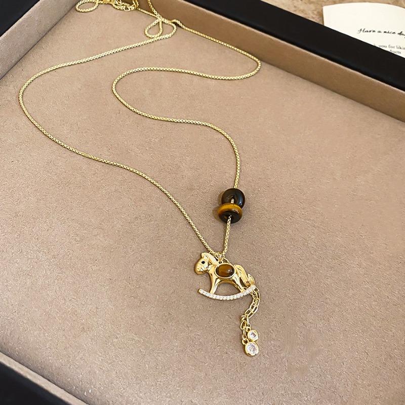 Natal Year Zircon Tiger's Eye Stone Pony Necklace Simple Fashion Light Luxury High-end Sweater Chain Daily Versatile Necklace