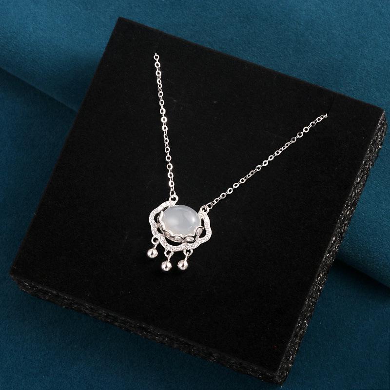 S925 Sterling Silver Chalcedony Ping An Lock Necklace - Chinese Style Clavicle Chain Gift for Girlfriend 925 Silver