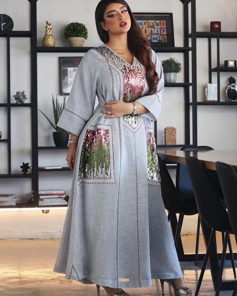 Dubai Sequin Embellished Jalabiya - Eid Muslim Women's Long Robe