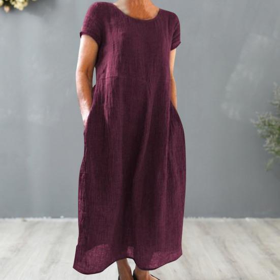 Damenkleid, locker sitzend, Rundhalsausschnitt, einfarbig, kurze Ärmel, maschinenwaschbar, dekoratives Rundhalskleid aus Baumwollflachs