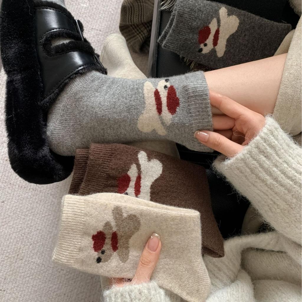 Ladies Winter Warmth Thickened Cute Cartoon Puppy Wool Boneless Mid Tube Socks