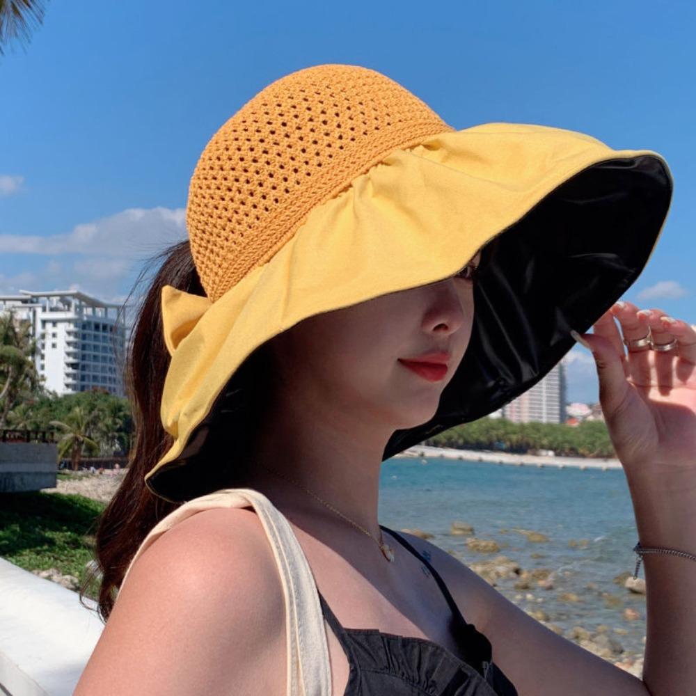 Sunscreen Wide Brim Bucket Hat Bow Vinyl Sun Hats Retro Woven Empty Top Cap  Summer