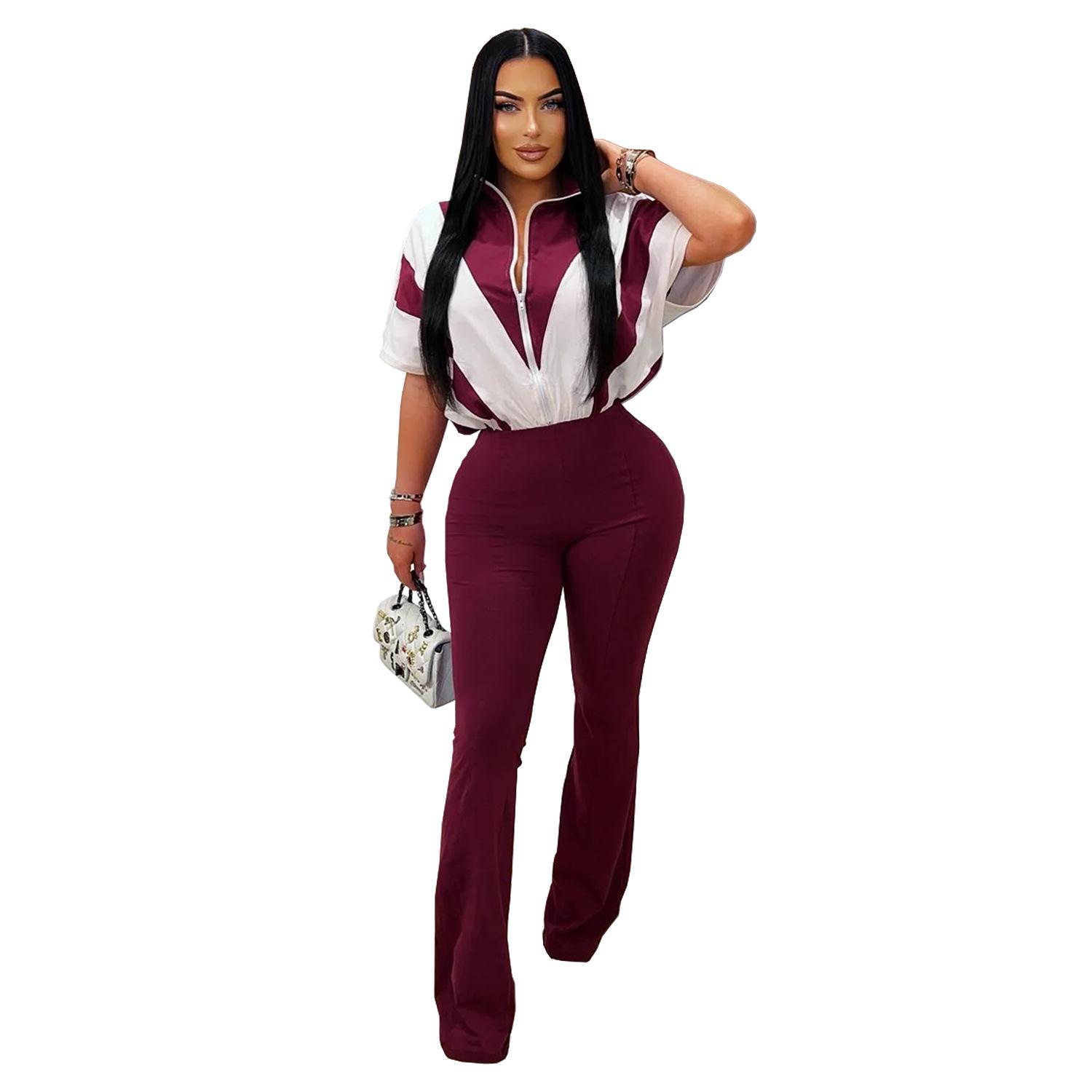 

Women s Casual Slimming Sports Two-Piece Set: Short Sleeve Top & Long Pants L вина червоного кольору