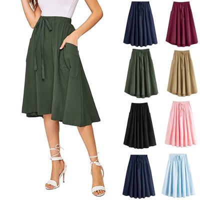 Saia midi plissada casual feminina de cintura alta com bolso e saias de fim de semana