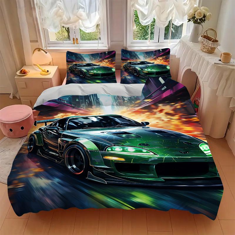 3pcs Green Sports Car Cover Set, 1 Cover + 2 Pillowcases (No Insert), Bedding for All Seasons, Bedding,Bedroom Decor Yy250922071
