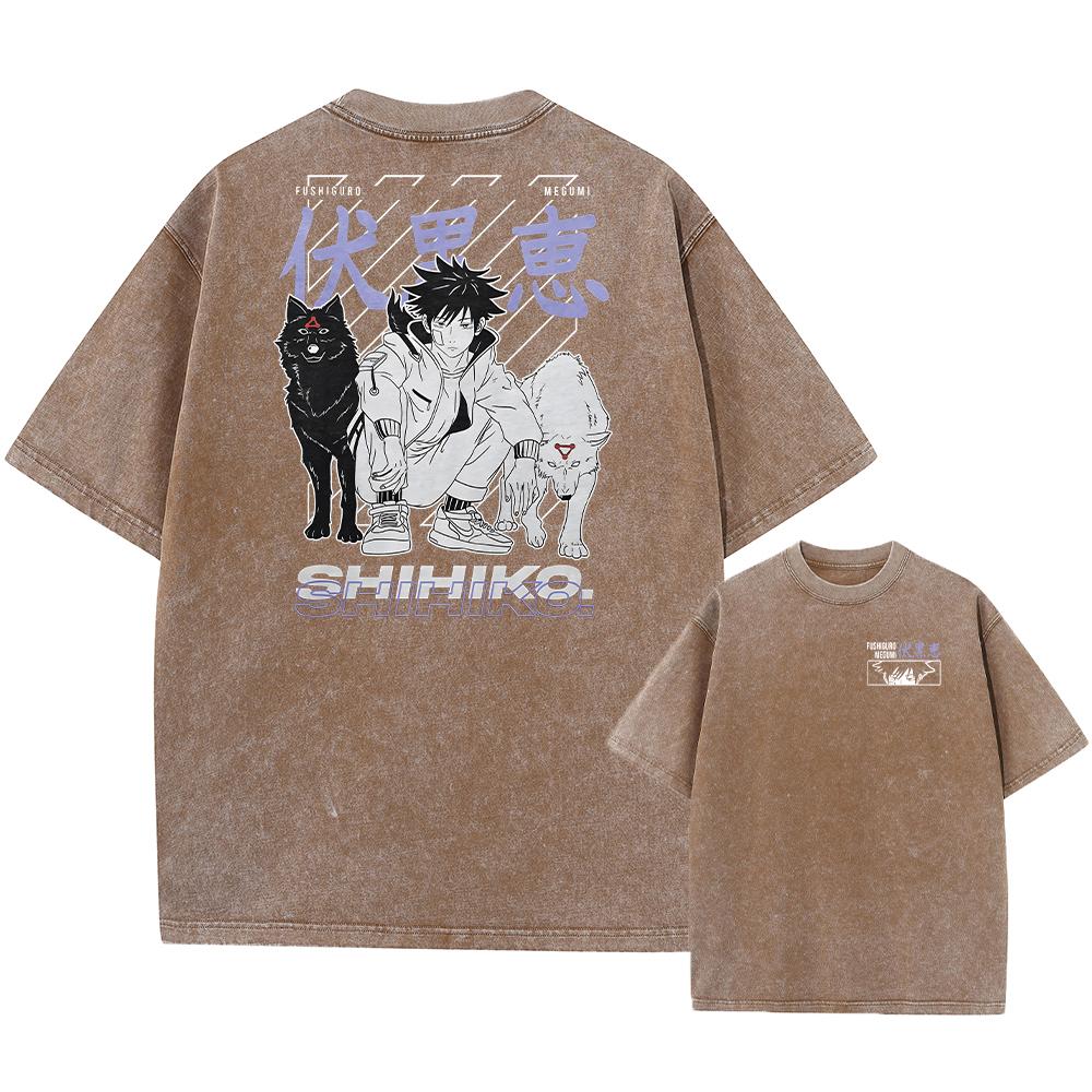 Men Streetwear Washed Acid Oversized T Shirt Japanese Anime Retro Worn Graphic Print T-Shirt Cotton Short Sleeve Tees