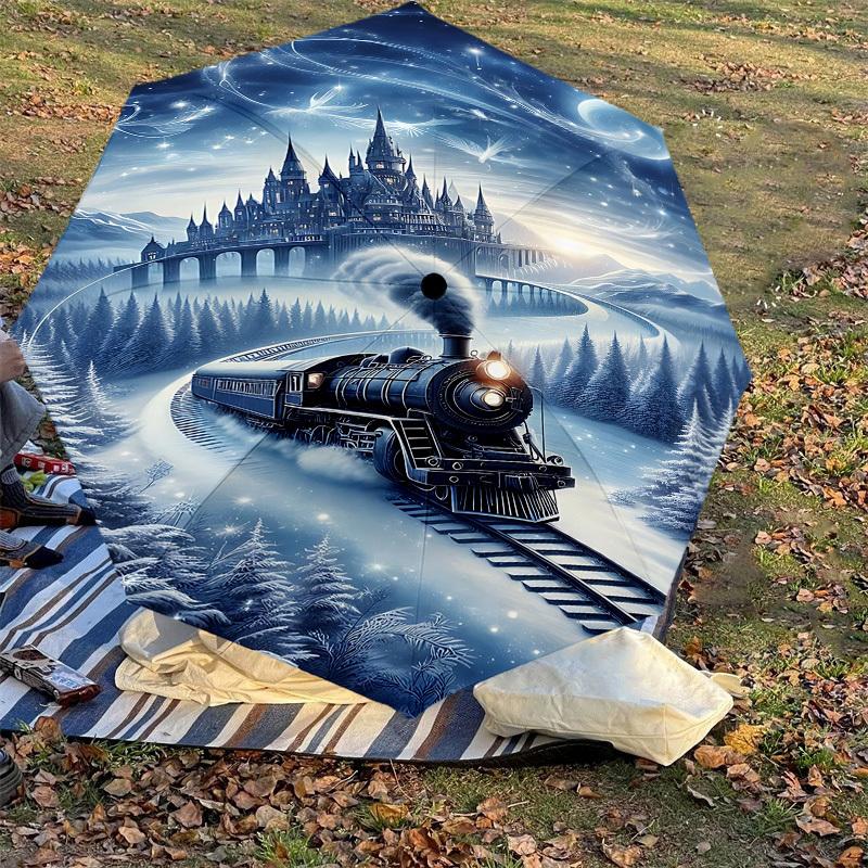 1PC Castle Train Automatic Open/Close Umbrella with Windproof, 8-Rib Sturdy Canopy, Durable Ribs, Fashionable Design, Outdoor Accessory, Fun Prin, Hol