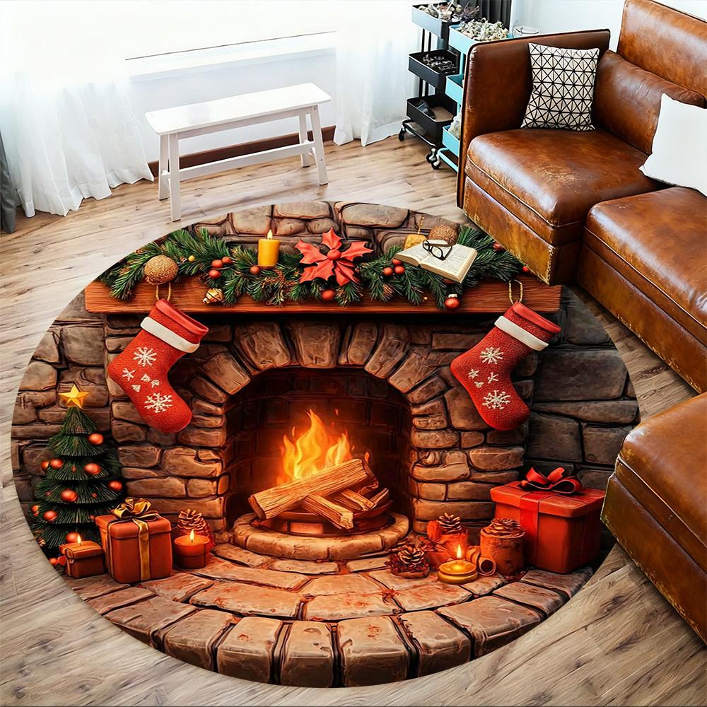 1 Stück Weihnachten Kamin Büro Runder Teppich, Unter Bürostühlen Schlafzimmer Wohnzimmer Heimdekoration, Teppich für Büro, -1110188