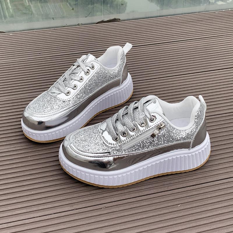 Spring and Autumn Trend Platform Casual Shoes New Glossy Fashion Sports Women's Shoes Low-top Lace-up Flat-soled Single Shoes