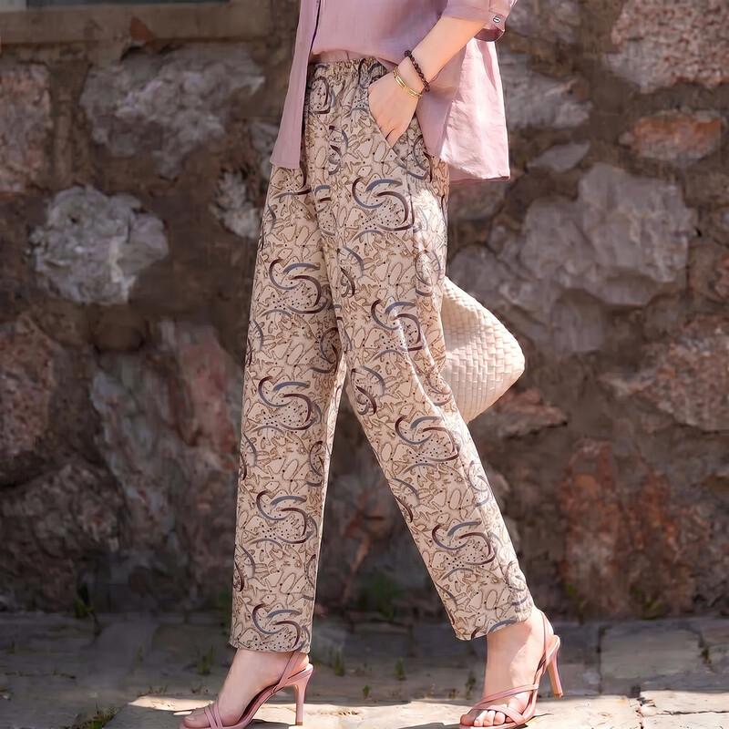 Women s Fashion Print Mulberry Silk Blend Straight-Leg Pants XL
